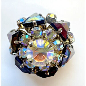 Vintage Aurora Borealis Rhinestone Glass Cluster Button Pin Brooch Fashion
